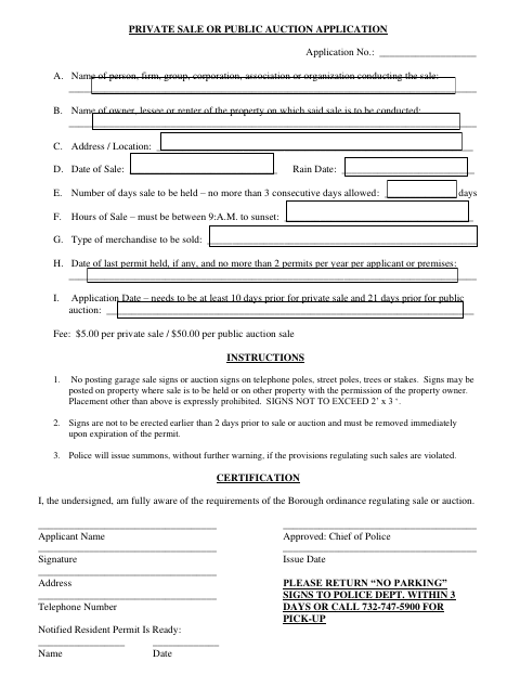 First page of the Private Sale or Public Auction Application