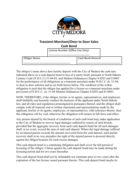 First page of the Transient Merchant/Door-to-Door Sales Cash Bond