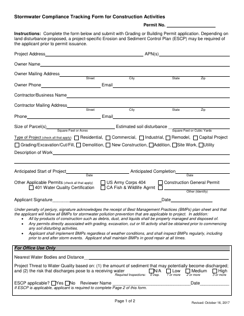 First page of the Stormwater Compliance Tracking Form for Construction Activities