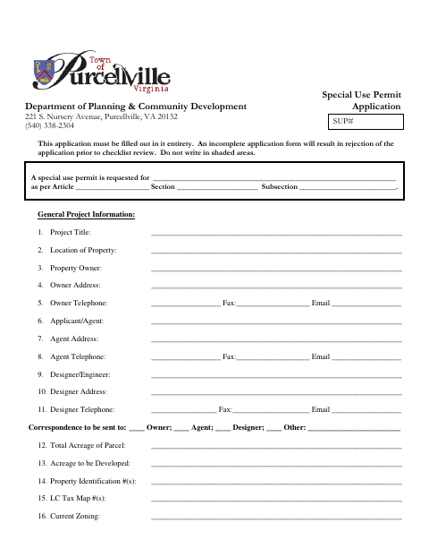 First page of the Special Use Permit Application