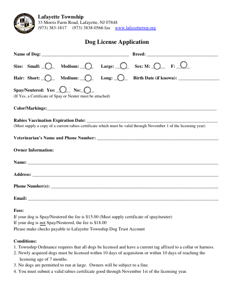 First page of the Dog License Application