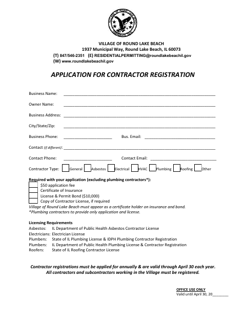 First page of the Application for Contractor Registration
