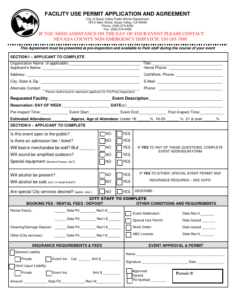 First page of the Facility Use Permit Application and Agreement