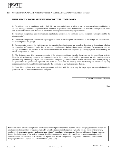 First page of the Citizen Complaint Form