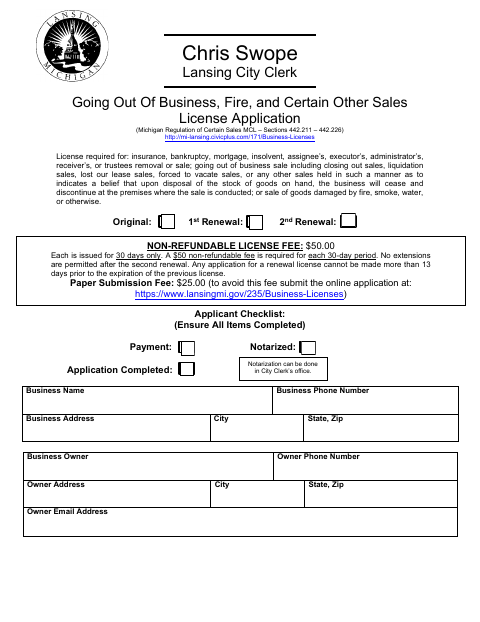 First page of the Going Out Of Business, Fire, and Certain Other Sales License Application