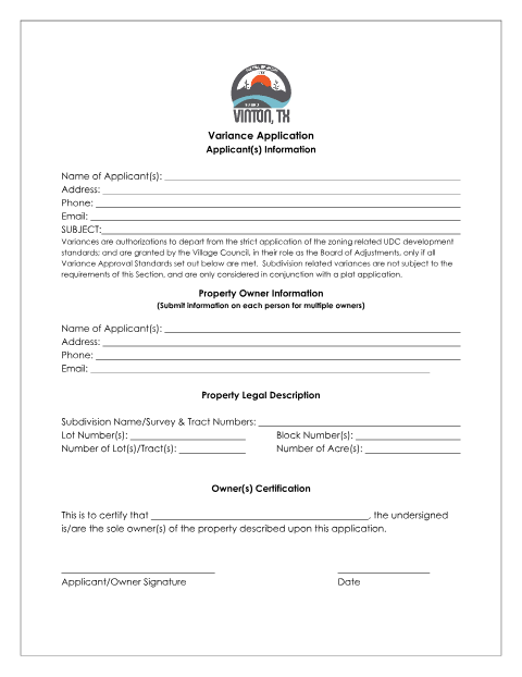 First page of the Board of Adjustment Application