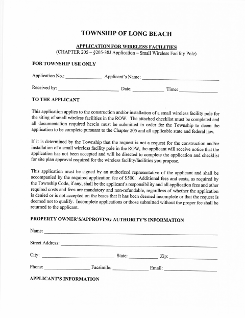 First page of the Application – Small Wireless Facility Pole