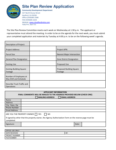 First page of the Site Plan Review Application