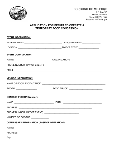 First page of the Application for Permit to Operate a Temporary Food Concession