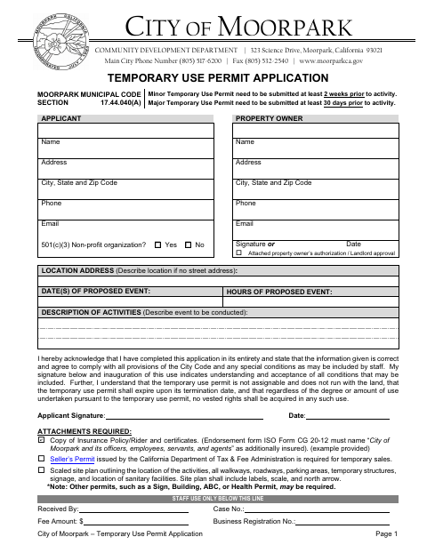 First page of the Temporary Use Permit Application