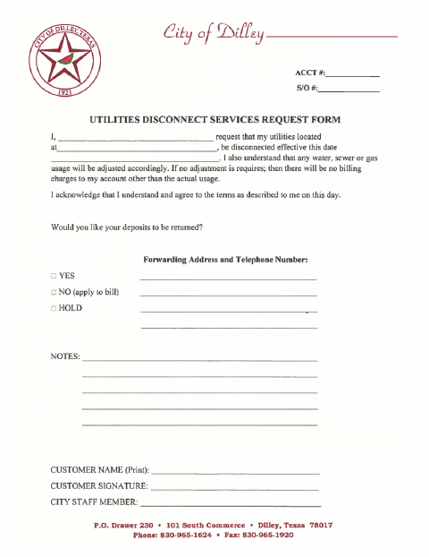 First page of the Utilities Disconnect Services Request Form
