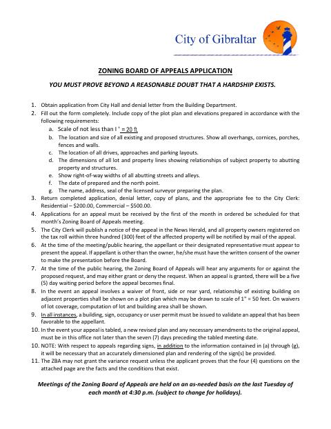 First page of the Zoning Board of Appeals Application