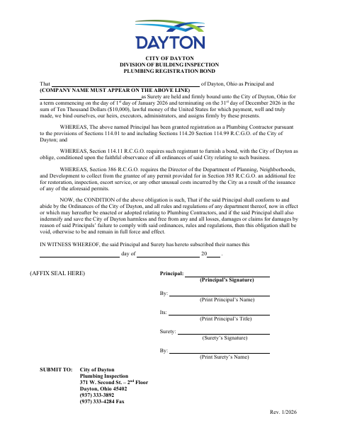 First page of the Plumbing Registration Bond