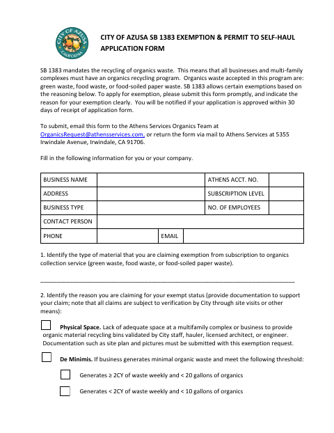First page of the Organics Recycling Exemption Request
