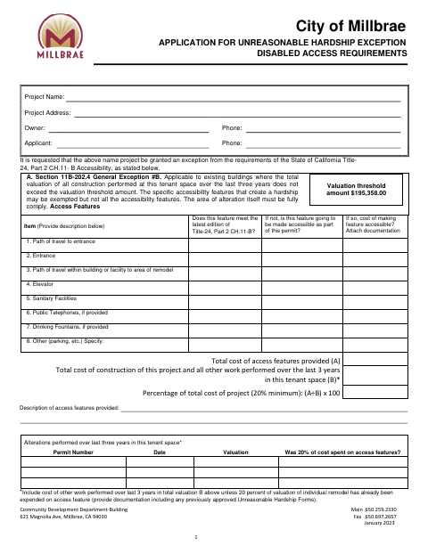 First page of the Application for Unreasonable Hardship Exception to Disabled Access Requirements