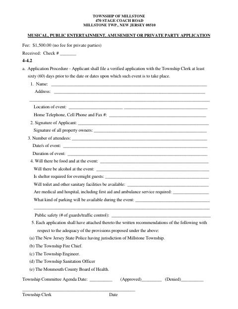 First page of the Musical, Public Entertainment, Amusement or Private Party Application