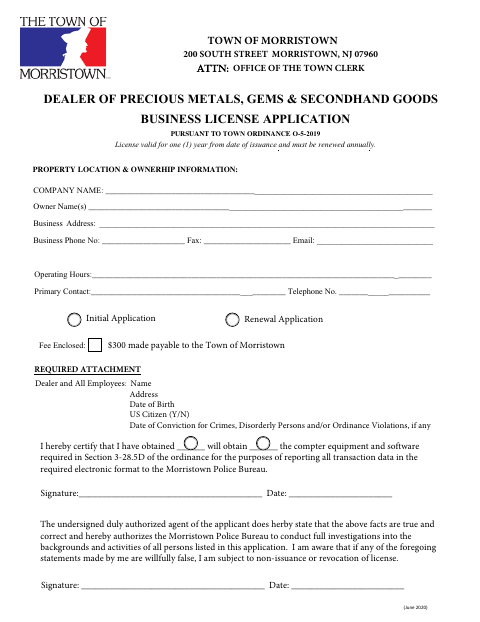 First page of the Dealer of Precious Metals, Gems & Secondhand Goods Business License Application