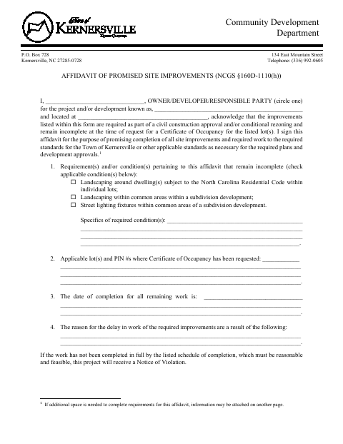 First page of the Affidavit of Promised Site Improvements