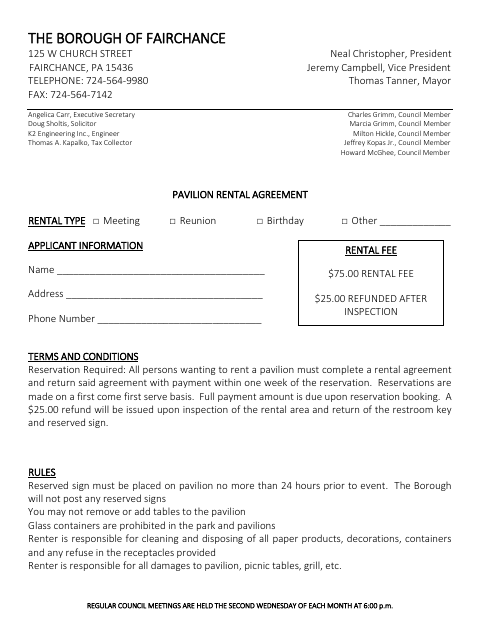 First page of the Pavilion Rental Agreement