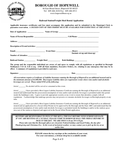 First page of the Railroad Station/Freight Shed Rental Application