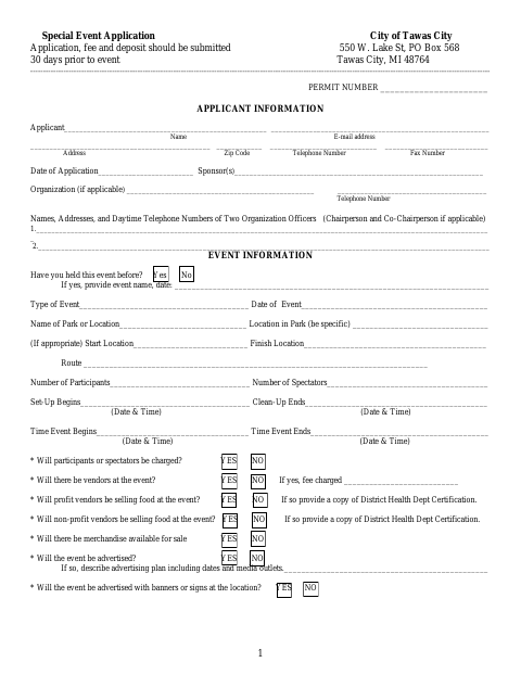 First page of the Special Event Application