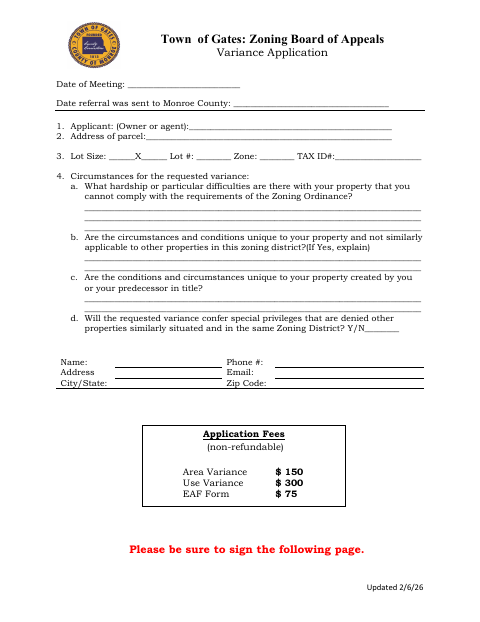 First page of the Zoning Board of Appeals Variance Application