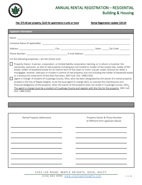 First page of the Annual Rental Registration – Residential