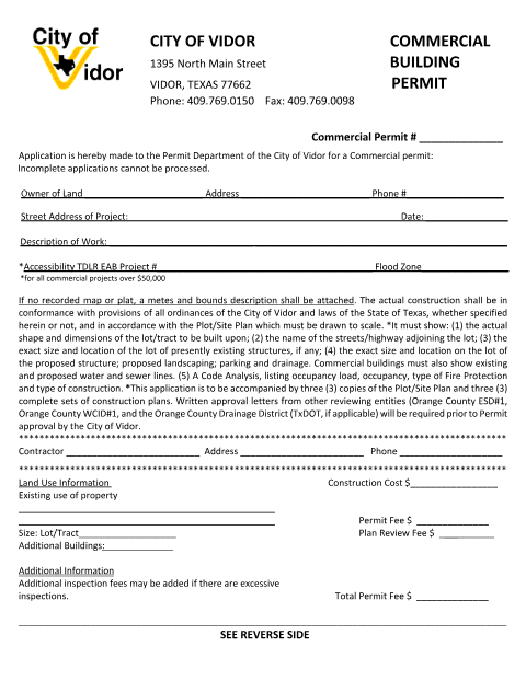 First page of the Commercial Building Permit Application
