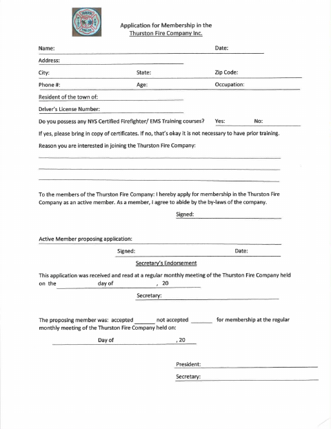 First page of the Fire Company Membership Application