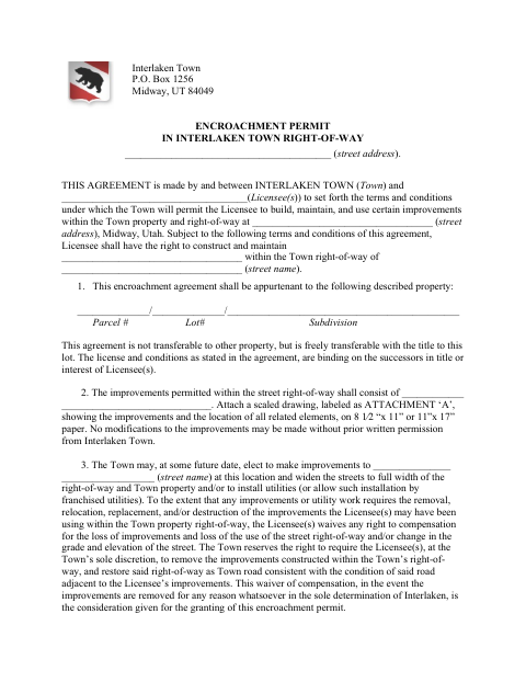 First page of the Right-of-Way Encroachment Permit Agreement