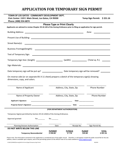First page of the Application for Temporary Sign Permit