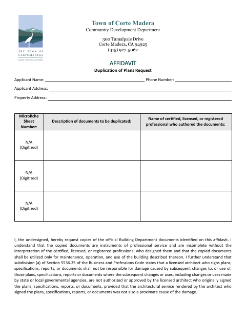 First page of the Affidavit for Duplication of Plans Request