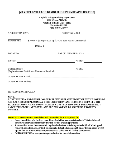 First page of the Demolition Permit Application