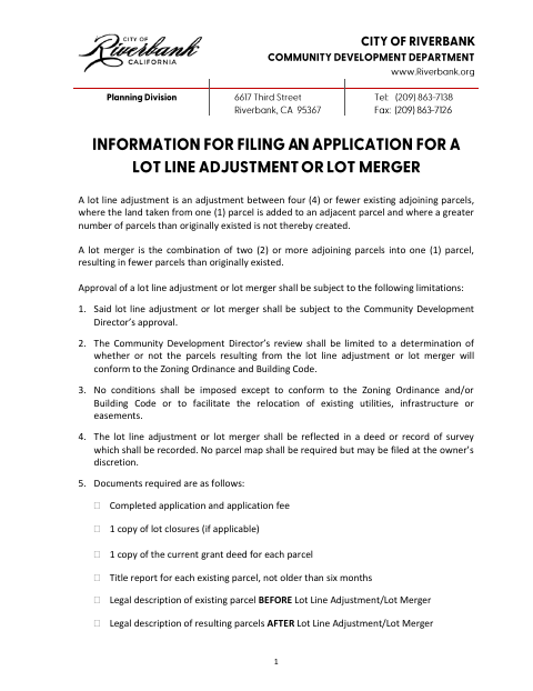 First page of the Lot Line Adjustment / Lot Merger Application & Checklist