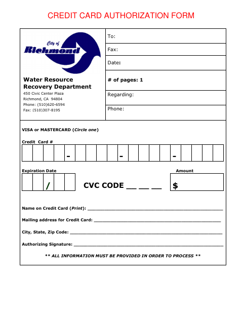 First page of the Credit Card Authorization Form