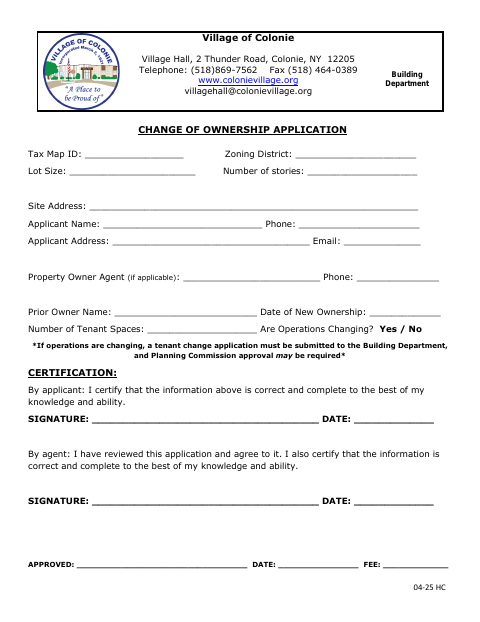 First page of the Change of Ownership Application