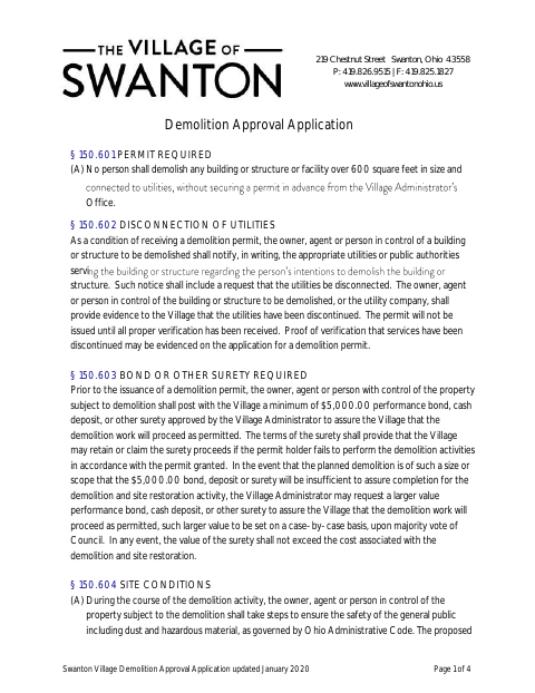 First page of the Demolition Approval Application