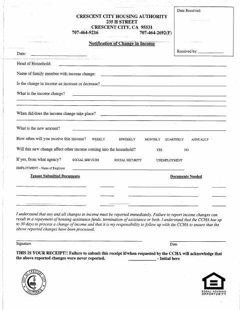 First page of the Notification of Change in Income