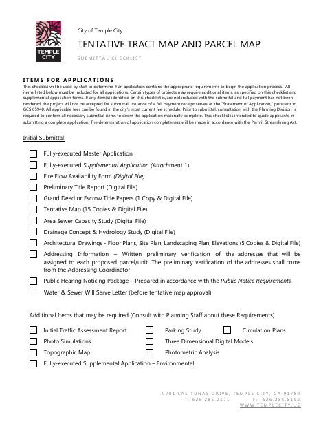 First page of the Tentative Tract Map and Parcel Map Application
