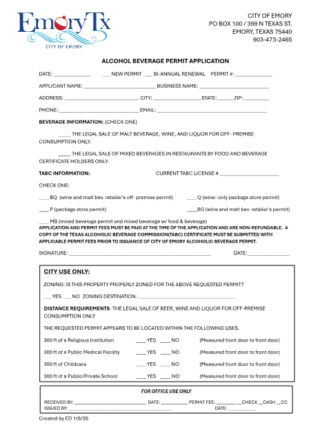 First page of the Alcohol Beverage Permit Application