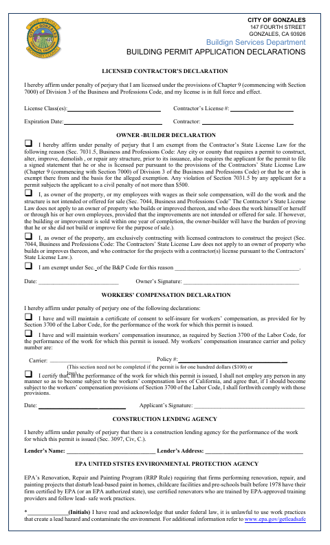 First page of the Building Permit Application Declarations
