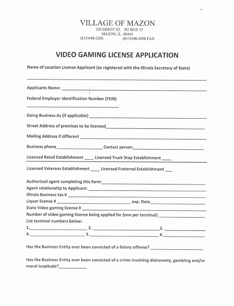 First page of the Video Gaming License Application