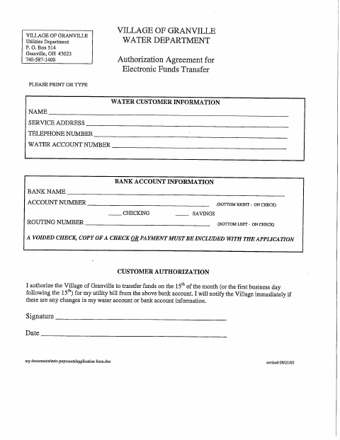 First page of the Authorization Agreement for Electronic Funds Transfer
