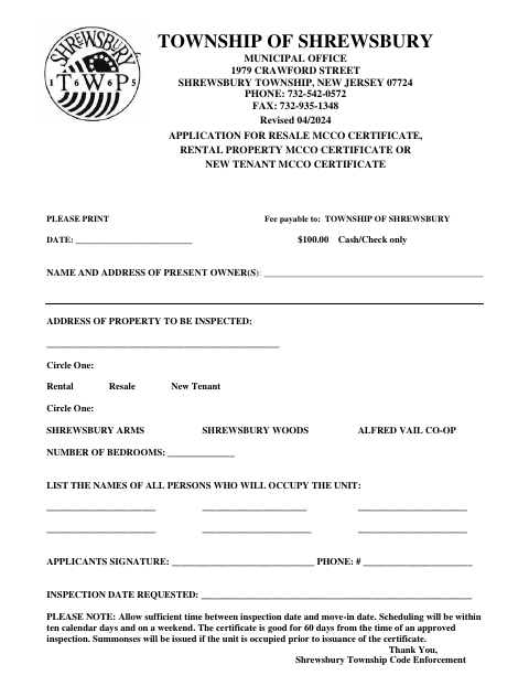First page of the Application for Resale, Rental Property, or New Tenant MCCO Certificate