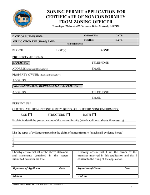 First page of the Certificate of Nonconformity Application