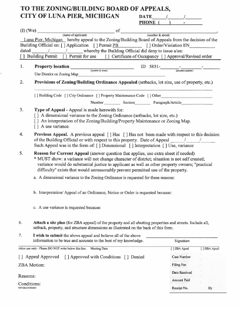 First page of the Zoning Board of Appeals Application