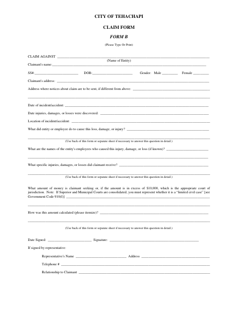 First page of the Claim Form Form B