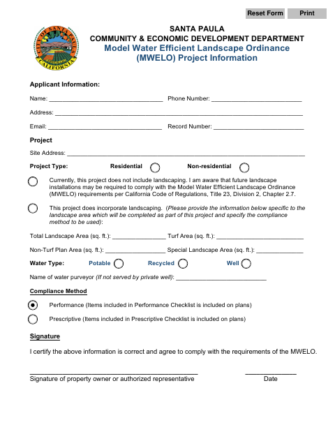 First page of the Model Water Efficient Landscape Ordinance Project Information