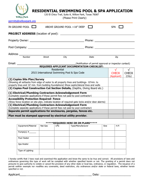 First page of the Residential Swimming Pool And Spa Application