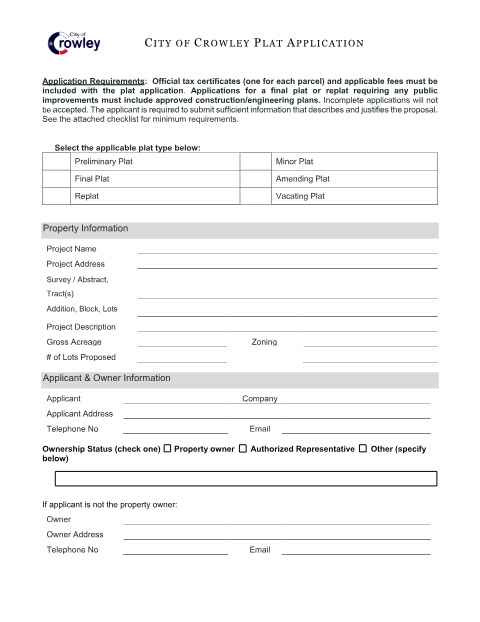 First page of the Plat Application